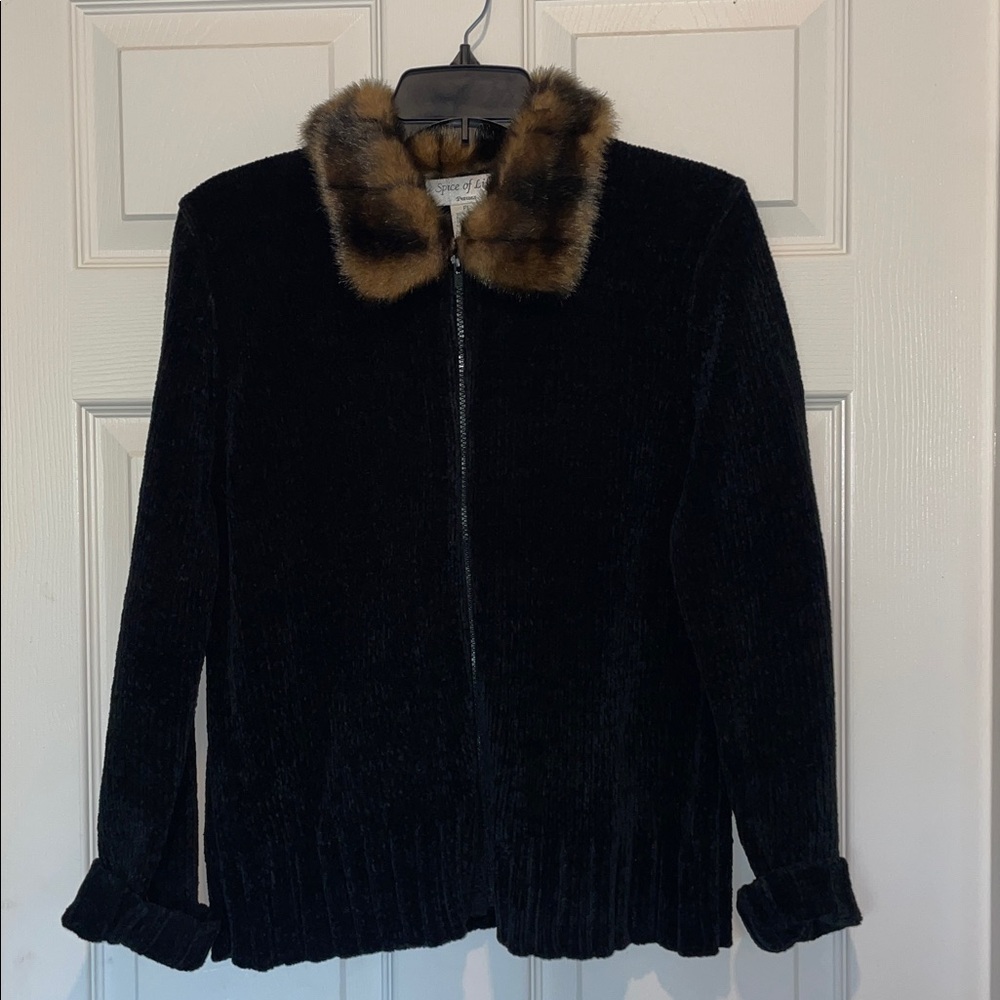 Charming Spice of Life chenille cardigan with faux fur collar